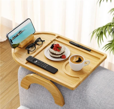 Tráidire Armrest Gearrthóg Bambú le Sealbhóir Fón 360 Céim